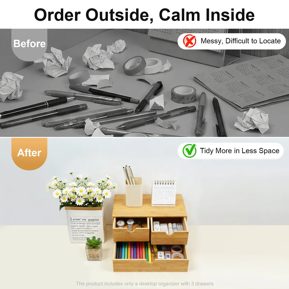 Organizador de escritorio de bambú color madera natural con 3 cajones, mini cajón de escritorio, caja de almacenamiento para artículos diarios 6