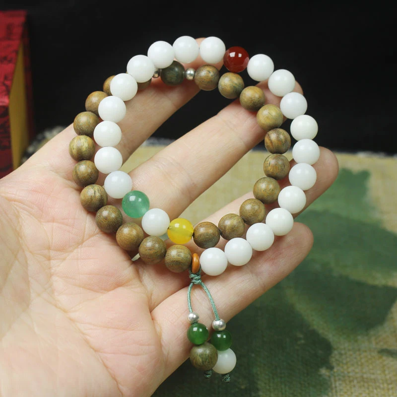 Vintage Green Sandalwood Bracelet 8mm, White Jade Bodhi 8mm, Clear Snow Wooden Handheld Jewelry for Men and Women