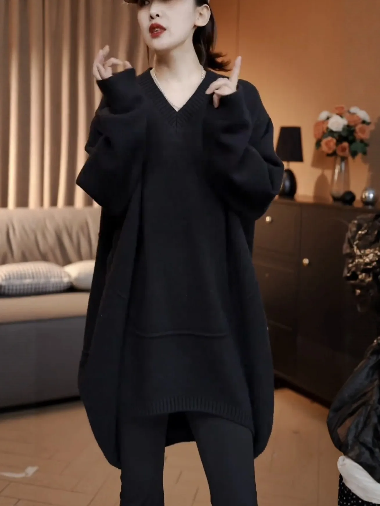 

plus Size Autumn Winter Lazy Sle V-Ne Knitted Top Women Loose Midi Length Belly Concealing Slimming Sweater Dr