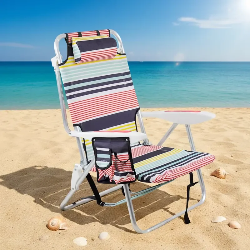 for Outdoor Leisure Customizable Aluminum Portable Folding Backpack Adjustable Reclining Chair with Cup Holder Striped Beach