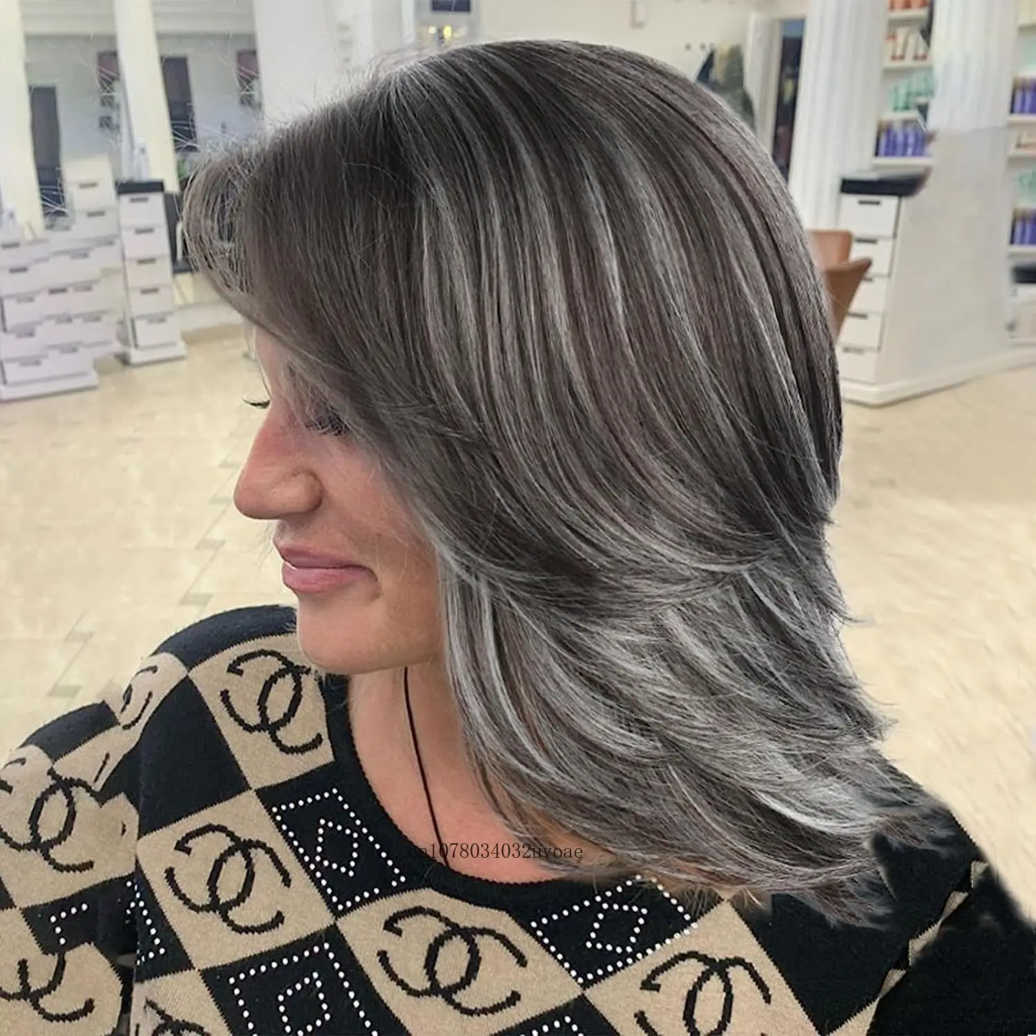 Silver Fox Synthetic Wigs for Women Long Hair Old Lady Wig Layered Hair with Curtain Bangs Mix Grey Color Natural Wigs for Daily