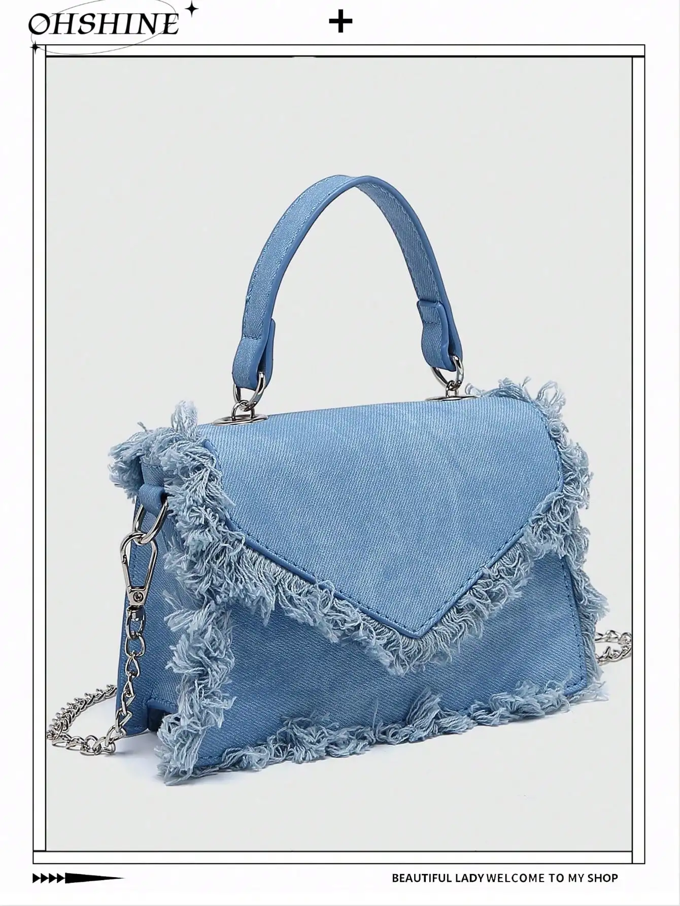 

Light Blue Denim Fringe Envelope Crossbody Bag with Chain Strap