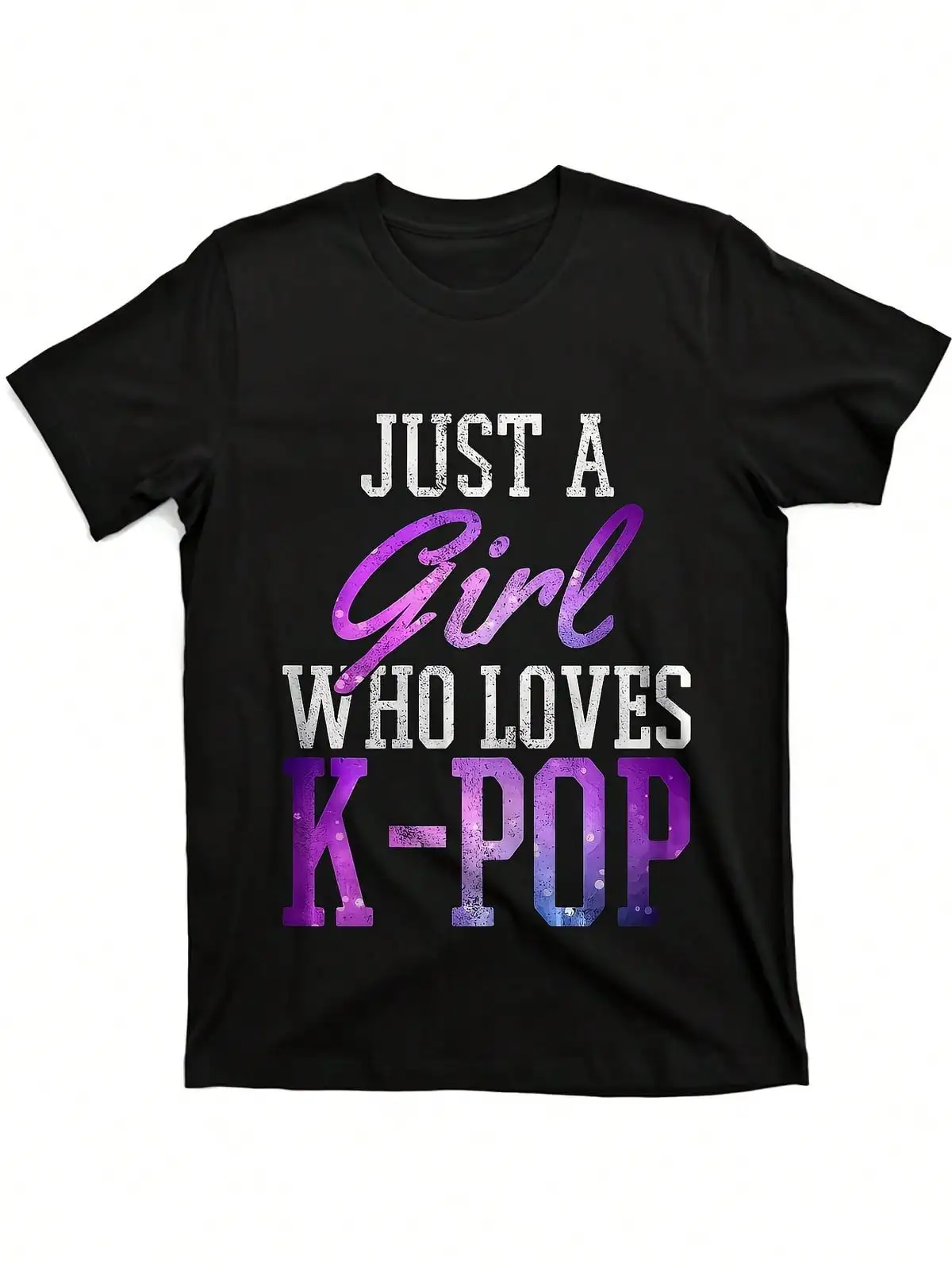 Women's K-Pop Graphic T-Shirt - Just A Girl Who Loves K-Pop Tee In Purple & Blue Ombre - Soft Round Neck Casual Shirt For Girls, Concerts, Everyday Outfits - Perfect K-Pop Fan Gift Idea, Ladies T Shirts, Pop Culture Apparel, Vibrant Print Top, Durable Fab