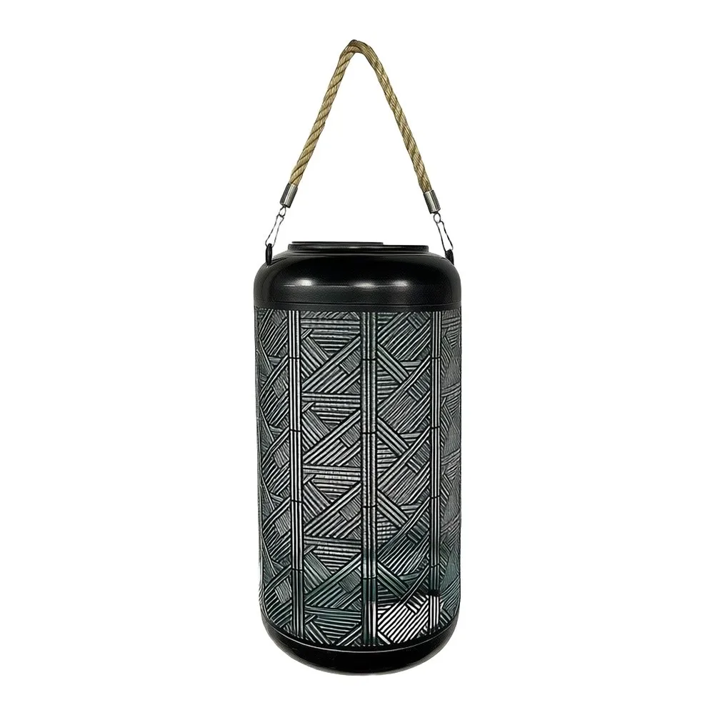 Self-Powered Solar Lantern with Rope Handle for Placement Geometric Cutouts Generate Visual Interest in Garden Settings