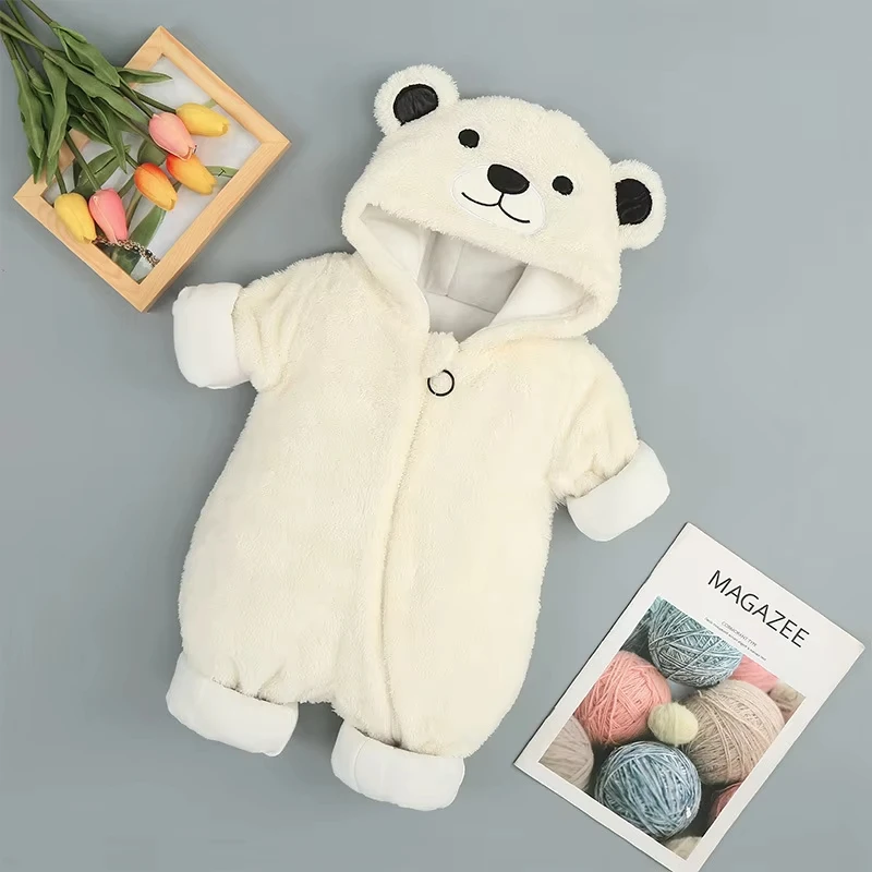 2026 Winter Neugeborene Fleece-Samt-Strampler Overalls Kleidung für Säuglinge Jungen Mädchen Cartoon Bärenohren Verdickte Warme Reine Mäntel 0-3 Jahre – Detail 4