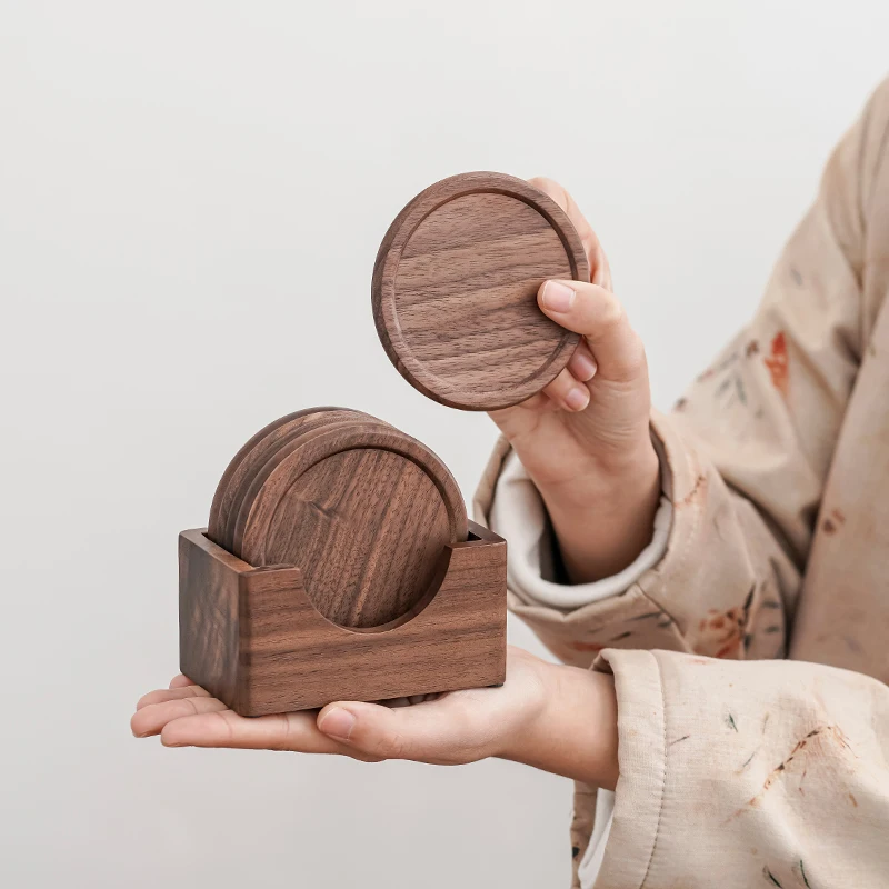 

6 шт./компл., круглые простые подставки из черного ореха, салфетки, прочные и термостойкие подставки для японского чая, кофе и напитков