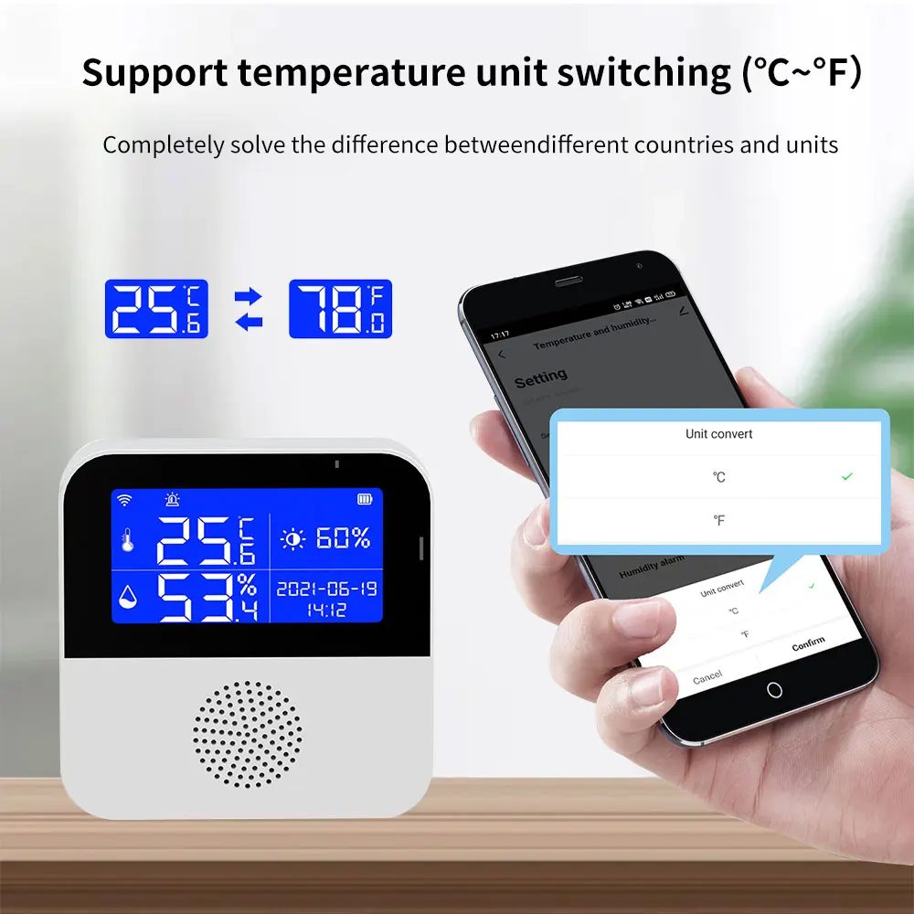 TISHRIC WiFi intelligence Temperature and humidity meter USB power supply Speaker LCD display Support Tuya Smart Life App