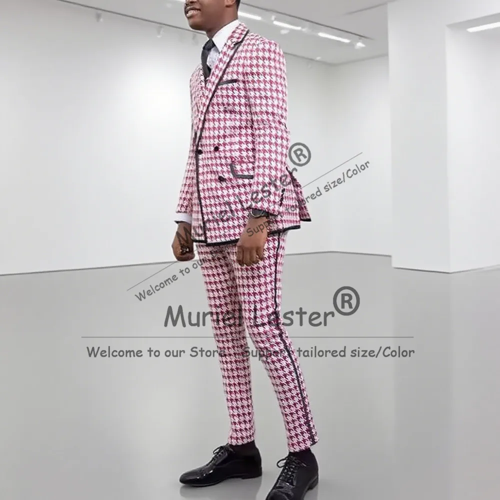 

Elegant Houndstooth Suit Attire For Men Double Breasted Jacket Pants 2 Pieces Sets Ropa Hombre Customized Groom Wedding Tuxedos