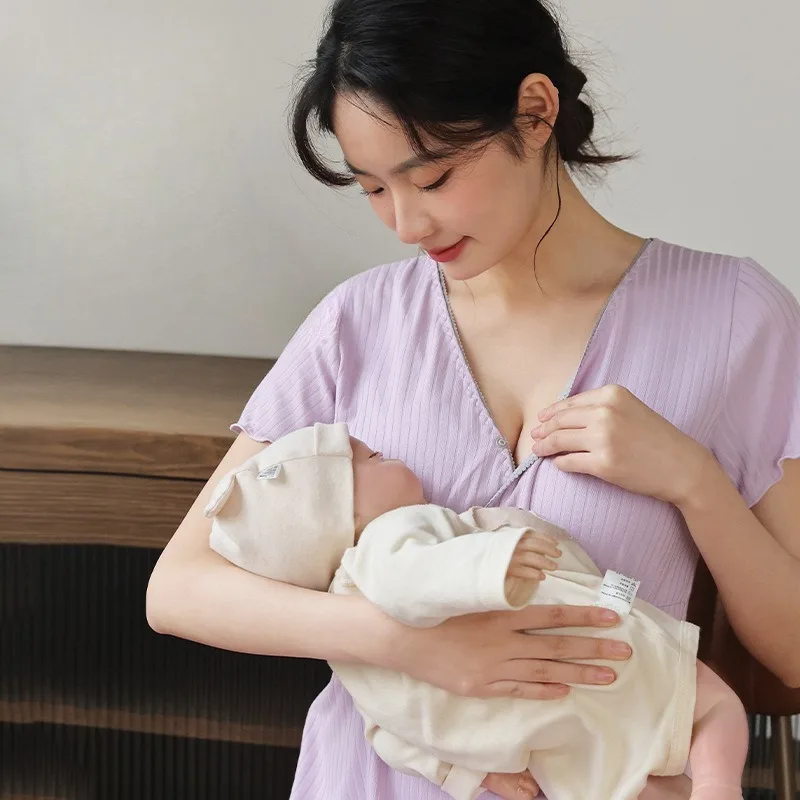 

Ночная рубашка для кормления со встроенным бюстгальтером. Легкая послеродовая одежда для дома. Пижама для беременных. Платье средней длины. Одежда для кормления.