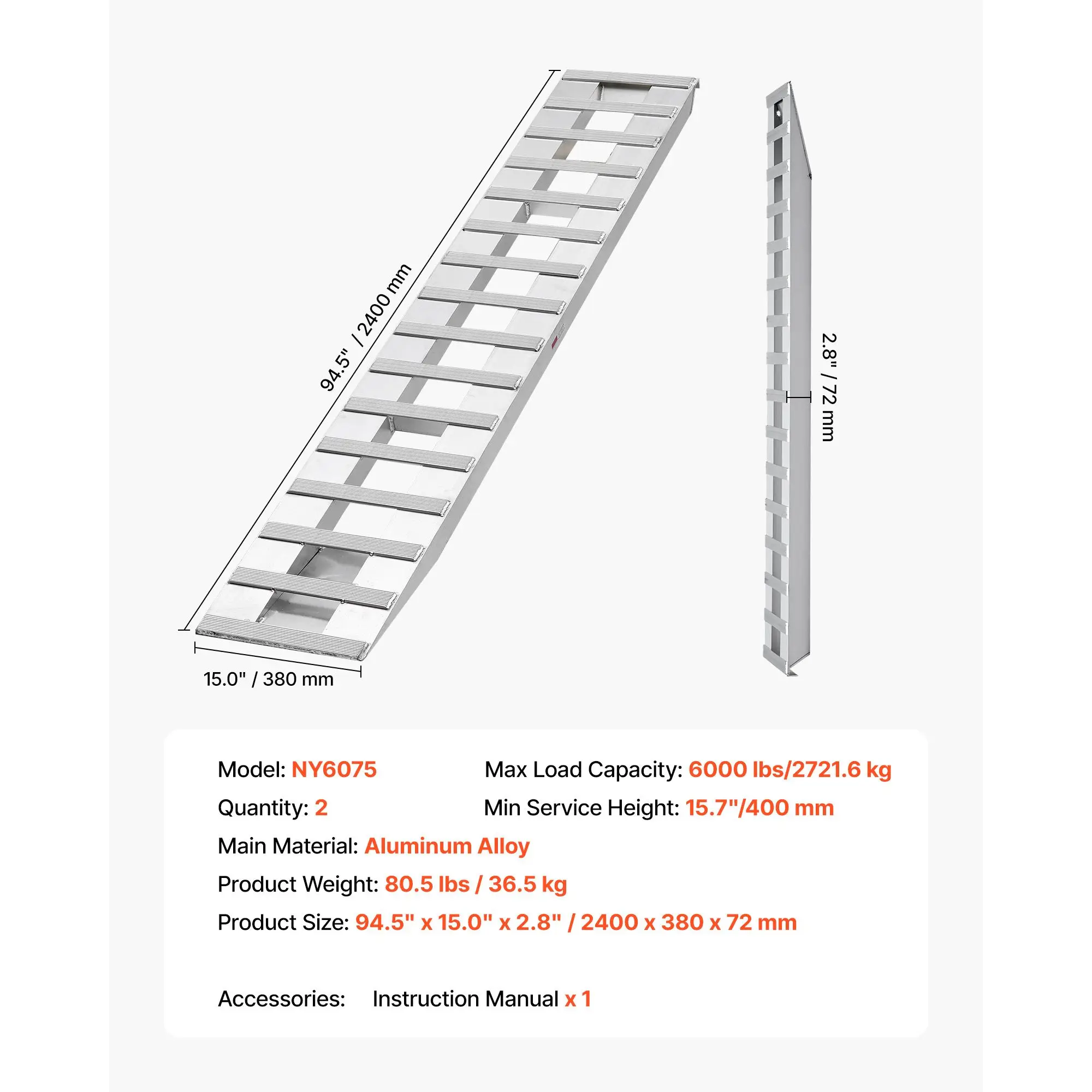 Loading Ramps, 2 Pcs 94 x 15 in, Durable Aluminum and Heavy-Duty Trailer Ramp Set with 16 Anti-Slip Plates, 6000 Lbs Combined Capacity, for Carts, Farm Tractors, ATVs, Lawn Mowers, Motorcycles