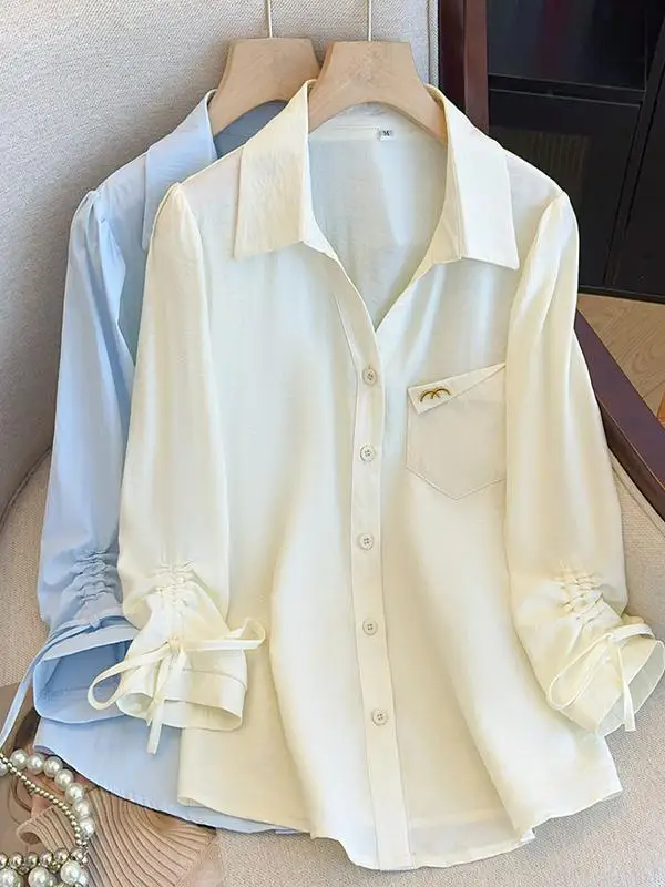 

Женская шифоновая блузка Fenixuan в корейском стиле, повседневная, с одним пуговицей, рукавом 3/4, уникальный дизайн, весна-осень, с узлом