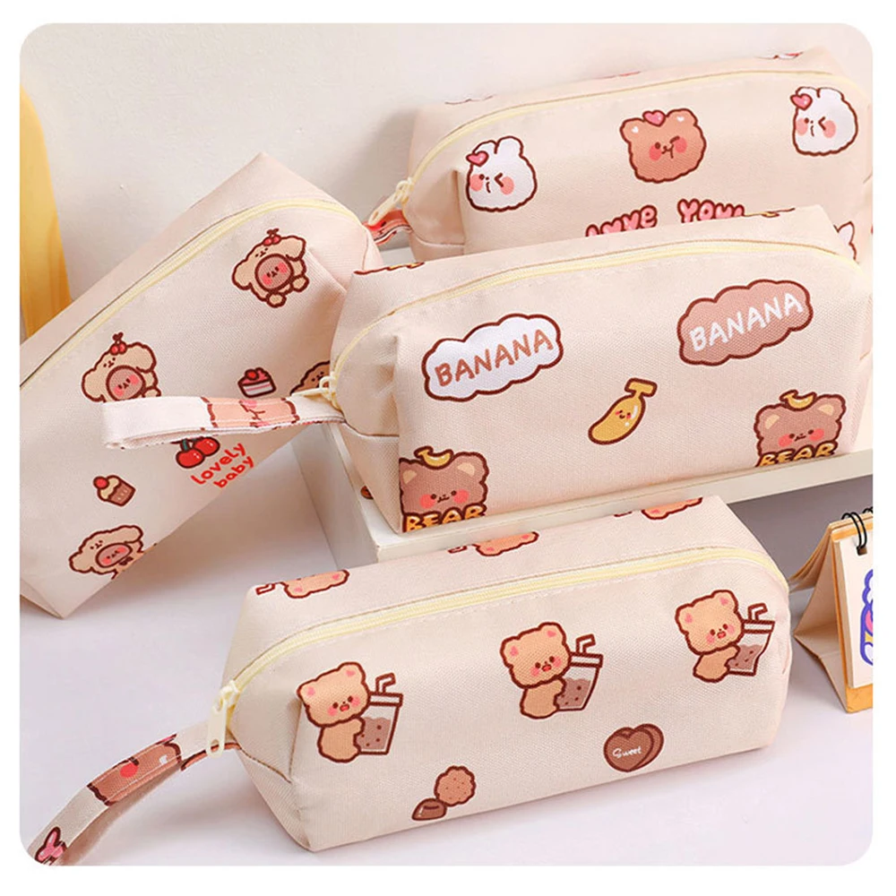 Cartoon Bear Large-capacity Canvas Pencil Case Bag Holder Desktop Stationery Cosmetics Storage Organizing Office School Supplies