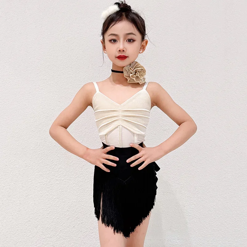 Summer Latin Dance Costume Kids Girls Strape Backless Training Dancewear Tassel Skirt Children's Performance Dance Clothes