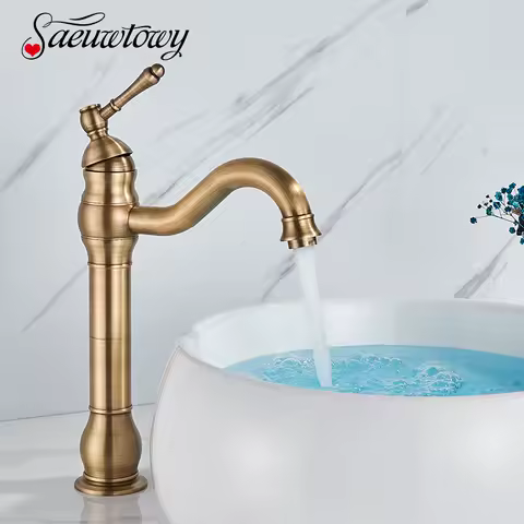 Brass Antique Brass Deck Mounted Bathroom Faucet Basin Faucet Hot Cold Mixer Crane Basin Faucet Water Column High Short Style
