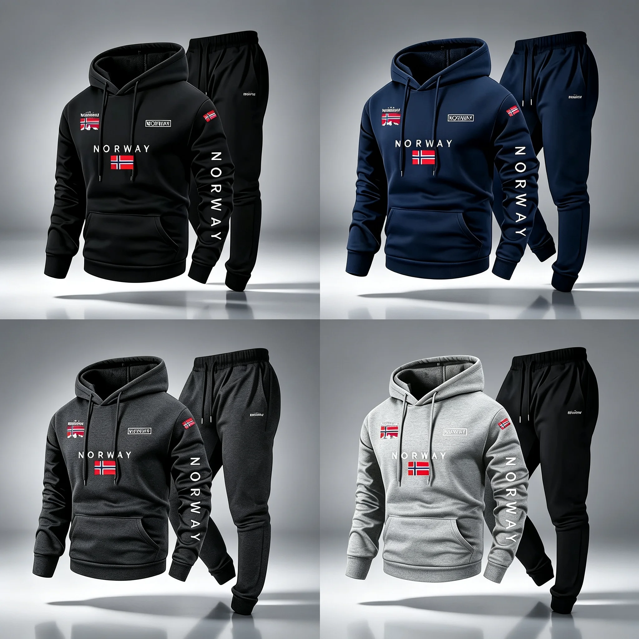 2-piece cartoon Norwegian letter drawstring hoodie and sweatpants set | Casual hooded, slightly stretchy fabric, graphic design,