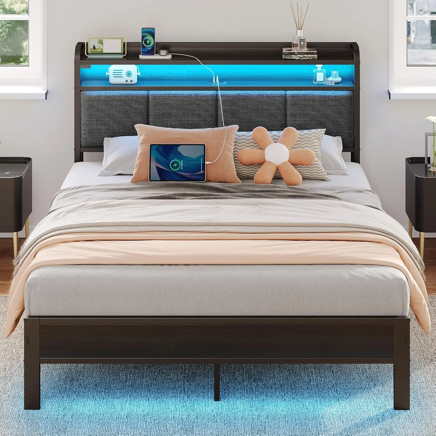 

Bed Frame Full Size with Charging Station and LED Lights, Upholstered Headboard with Storage Shelves, Heavy Duty Metal Slats, No
