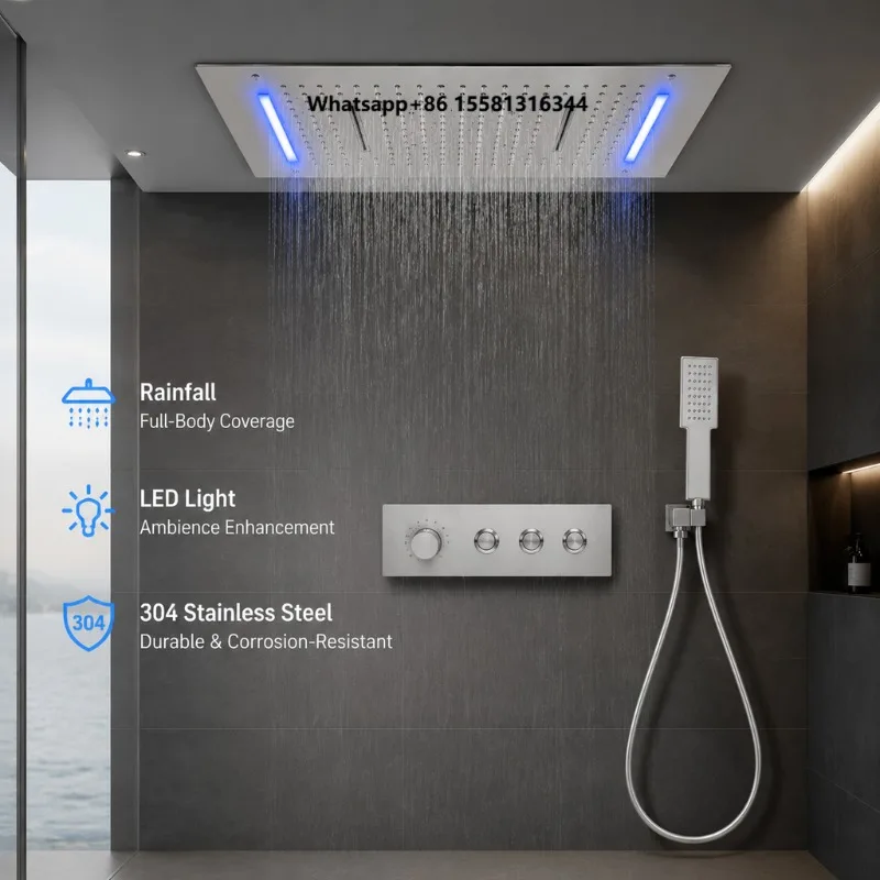 Ceiling Embedded 600*400mm  Led Shower Head With Digital Display Rain Waterfall Bathroom Thermostatic Shower Faucet Set