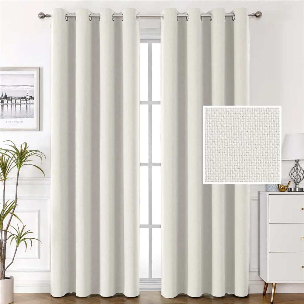 100% Blackout Faux Linen Curtains Thermal Curtains for Living Room with Double Face Soundproof Bedroom Curtain