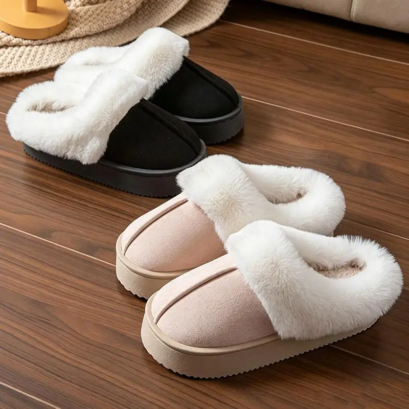 Flauschige Pelz-Mules mit dicker Sohle für Damen, Winter 2026, warme kurze Plüsch-Outdoor-Hausschuhe, Marken-Wildleder-Baumwollschuhe für Damen – Detail 9