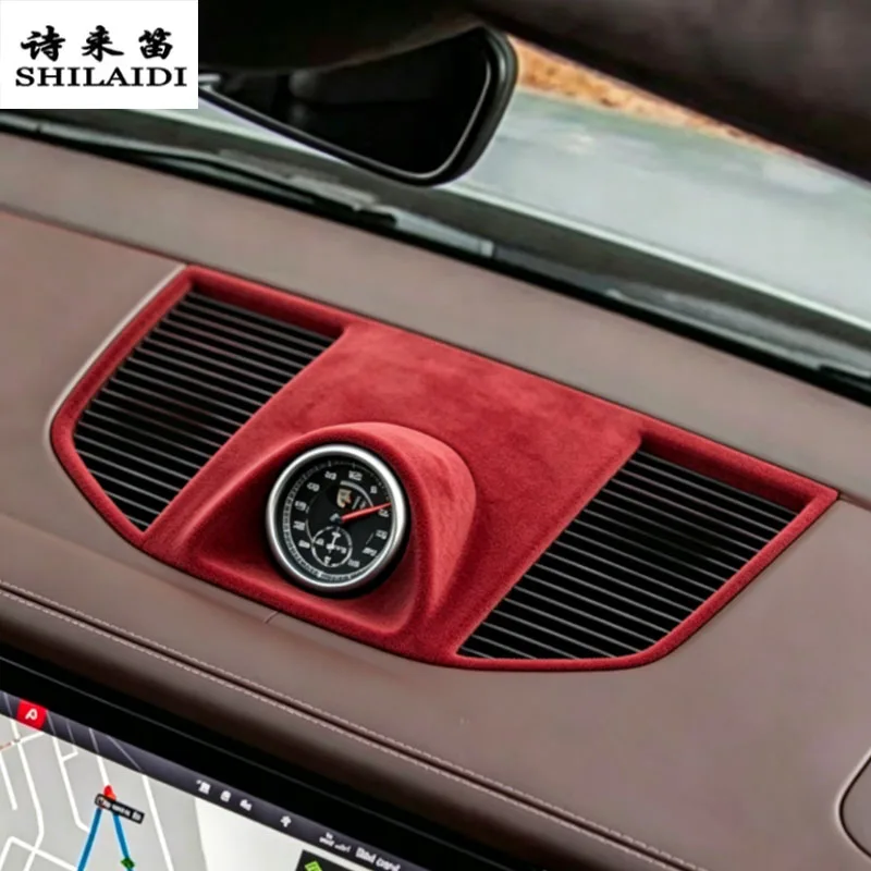 Suede leather For Porsche Macan 2014-2017 Car Clock design console top cover Headlight cup holder Keyhole Start Co-pilot Sticker