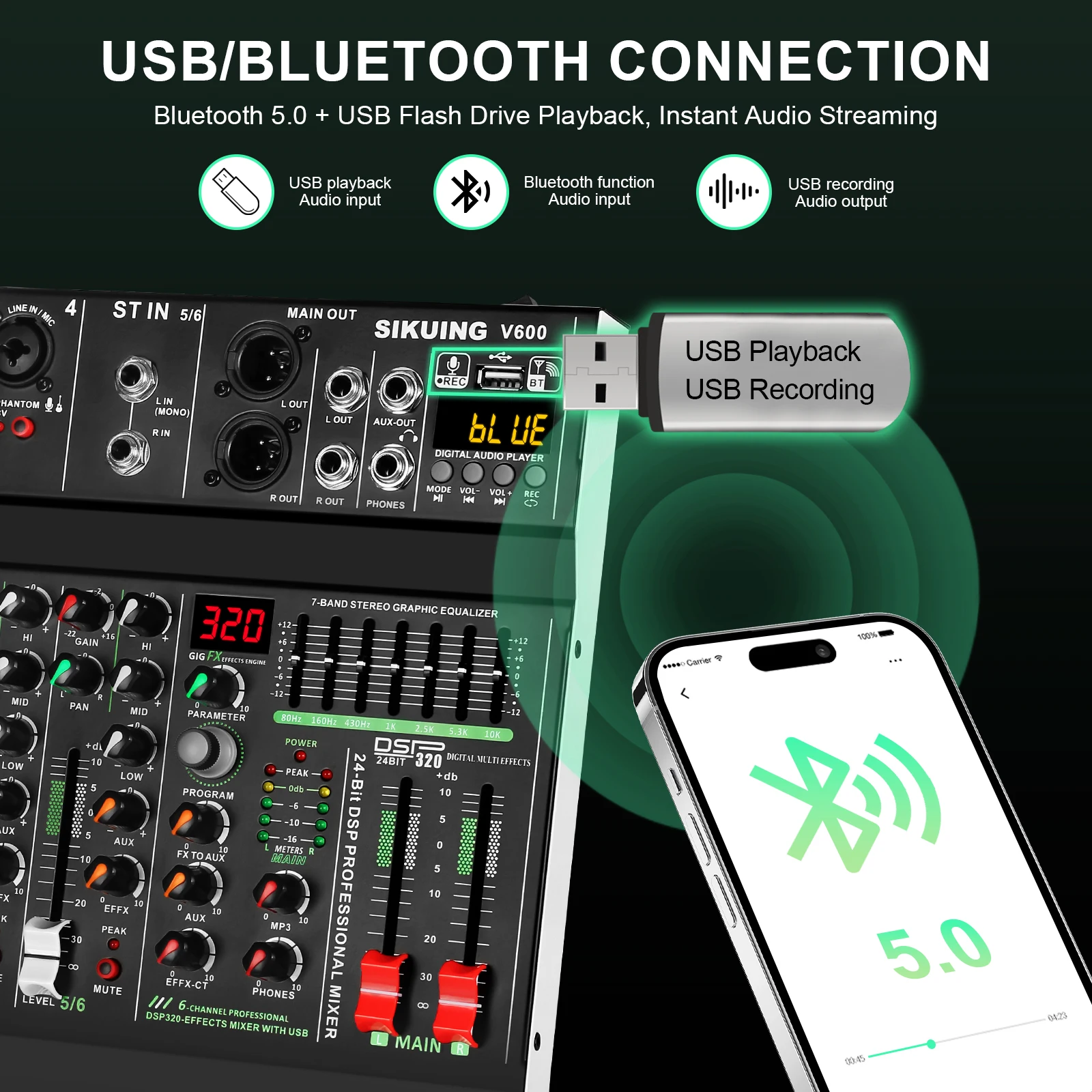 FULUODE V-600 6 Channel Professional Portable Mixer 320 DSP Effects 48V Phantom Power Bluetooth Sound Card 7-Band Equalize