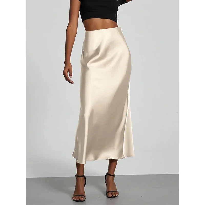 Fashionable Satin Texture Midi Skirt Pure Color Luminous Drapey A- Line Half-length Skirts for Women Cross-Border Style
