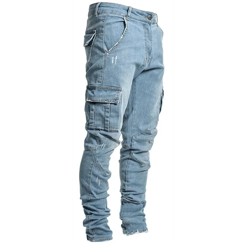 Cool Mid Waist Four-season Jeans Men Fashion Scratch Pencil Pants Casual Streetwear Menswear Splicing Pocket Slim Fit Trousers