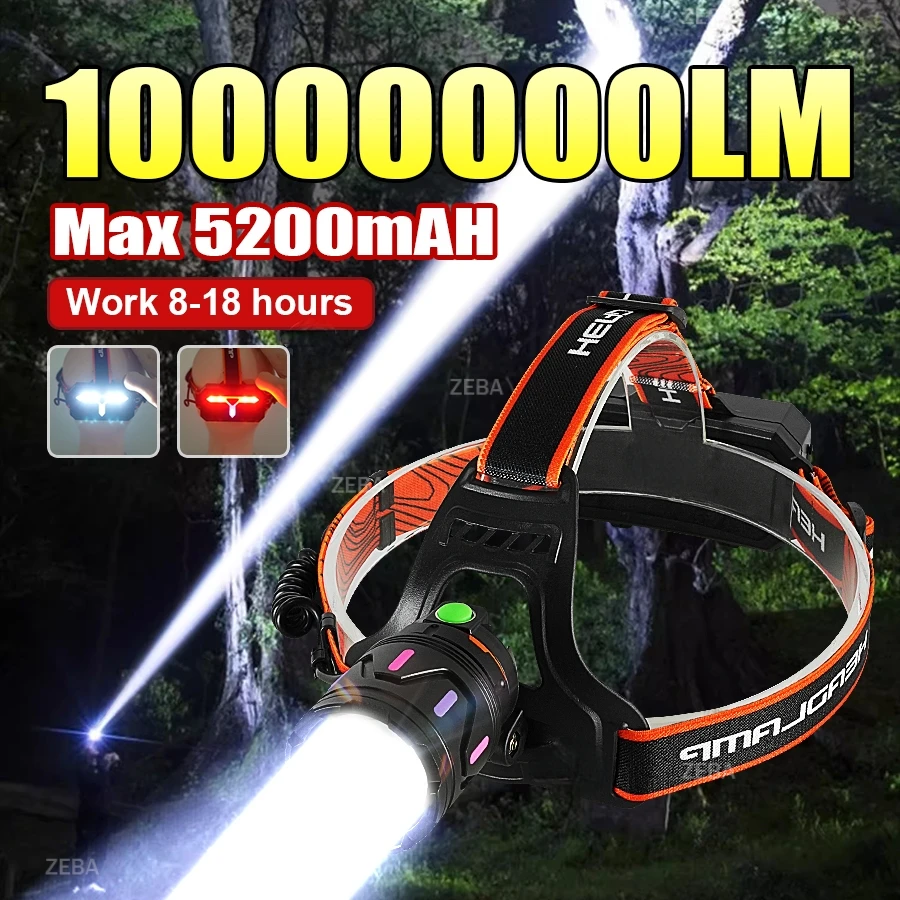 

10000000LM high power LED headlight 5200/2600mAh rechargeable strong light headlight flashlight 3 mode camping fishing headlight