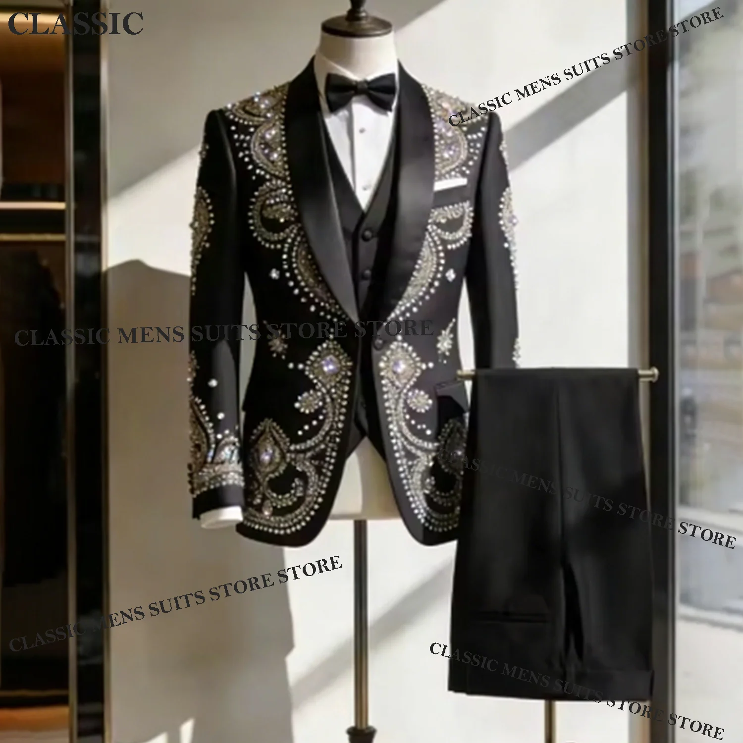 

Мужской костюм-двойка (блейзер и брюки) для свадьбы, выпускного вечера, вечеринки, с вышивкой, стразами, модный, приталенный, на заказ