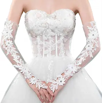 Guantes de boda de encaje sin dedos para mujer, guantes de tul, guantes de longitud hasta el codo florales de enfriamiento de verano