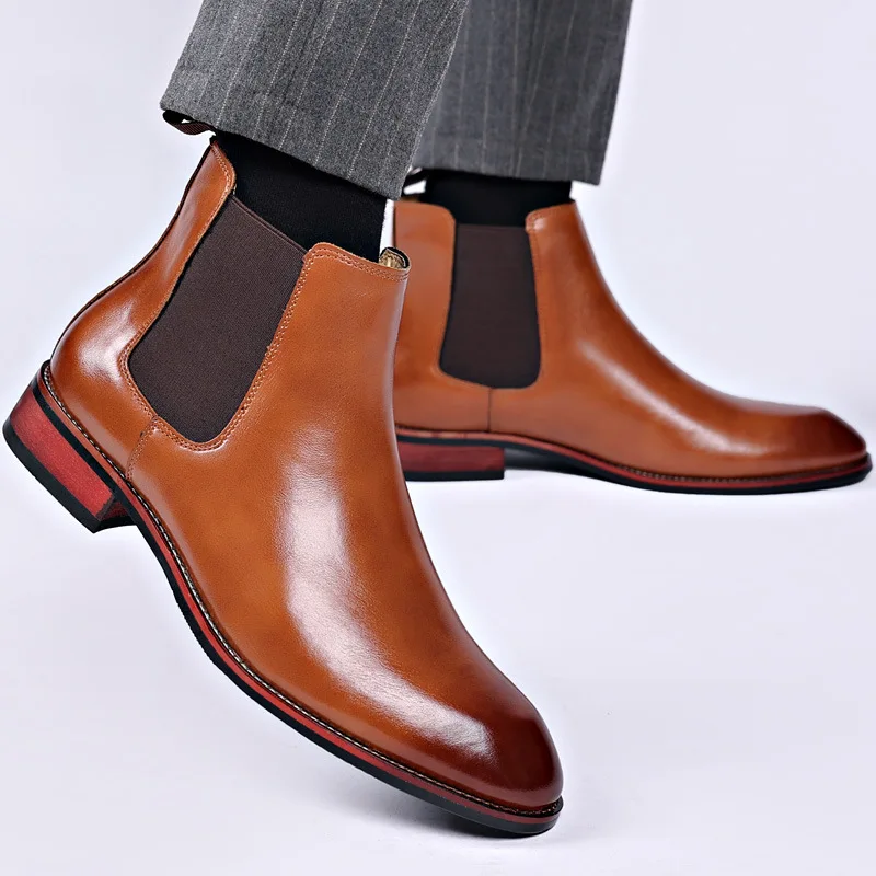 Men\'s Pointed Casual Short Boots High Top Leather Shoes Chelsea Boots