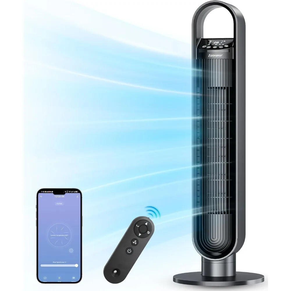 

Tower Fan for Bedroom, 90° Oscillating Standing Bladeless Fan with Remote, 12H Timer, 3 Speeds Max 28ft/s, 3 Modes