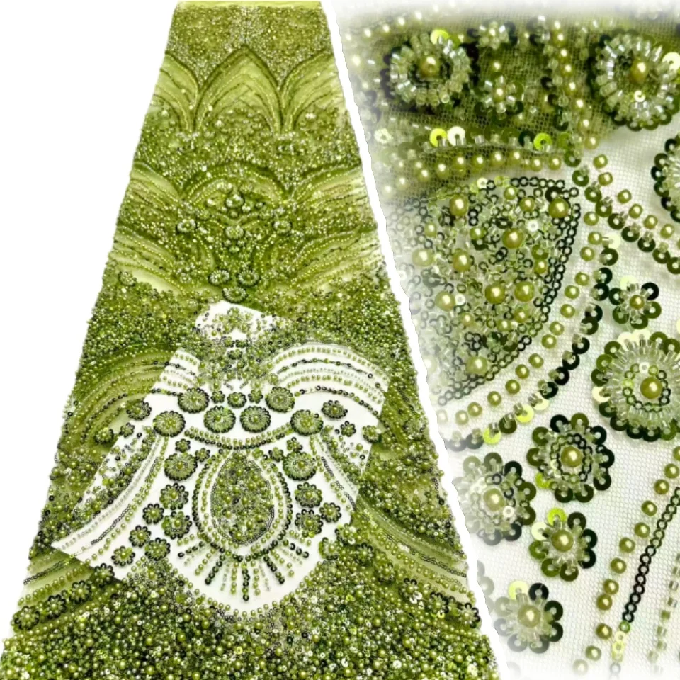

5 Yards Luxury African Sequins Groom Lace Fabric 2026 High Quality French Nigerian Beaded Lace Fabric For Wedding Dress CC1947