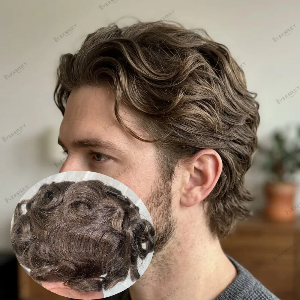 Brown Human Hair Men's 30mm Wavy Natural Hairline Toupee Cheapest Strong Poly Base 5# 6# Bald Man's Hair Replacement Prosthesis