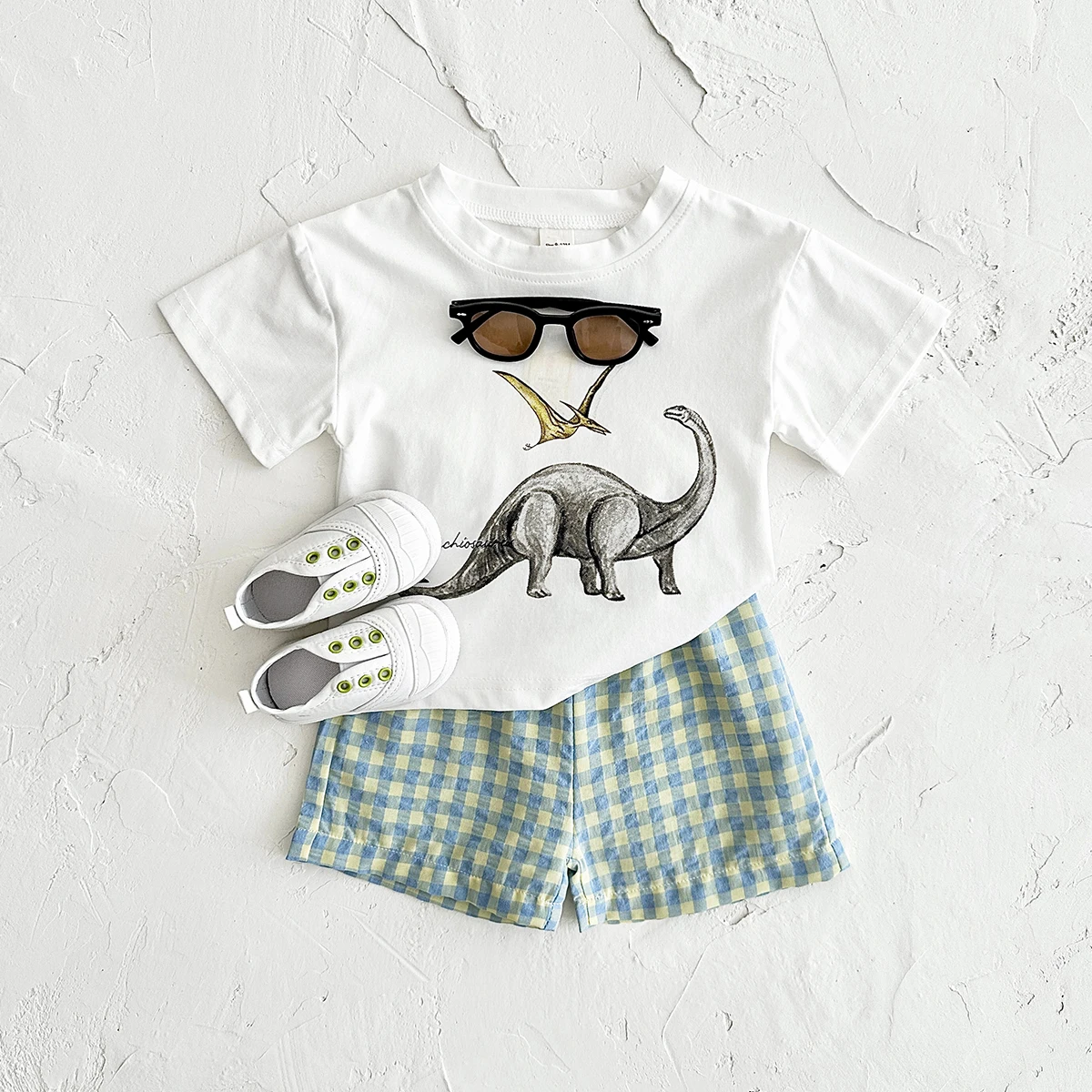 2Pcs Baby Clothes Set Newborn Boys Casual Dinosaur Print Short Sleeved T-shirt+plaid Shorts Toddler Girl Summer Kids Outfit Set