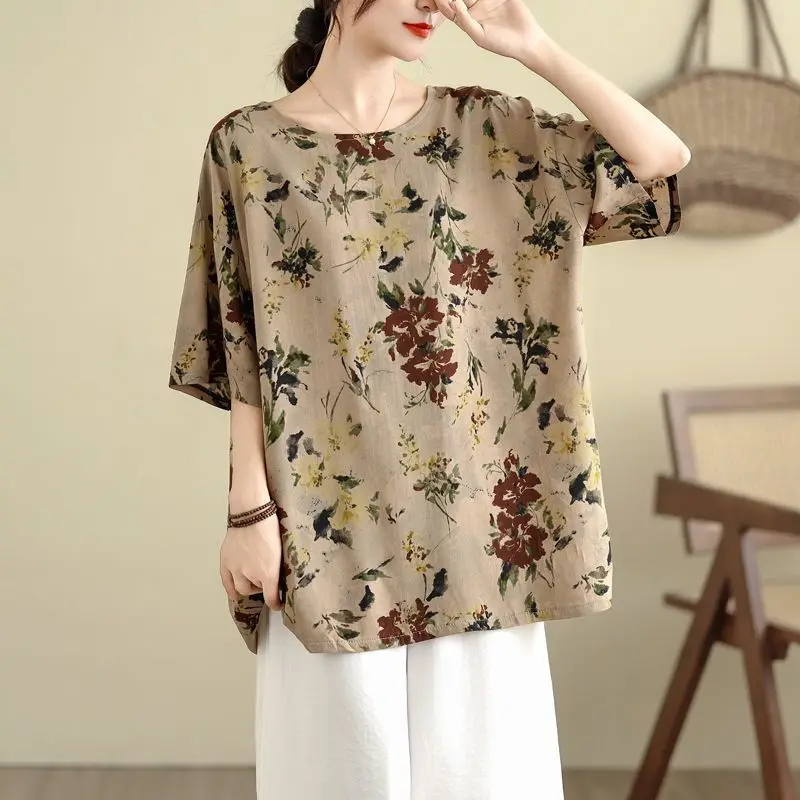 T-shirt a maniche corte retrò stampata girocollo alla moda da donna, casual, ampia, versatile e confortevole