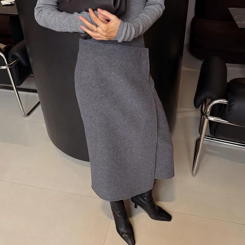 Gray Women's Woolen Long Skirt Slim Fit Solid Color Fashion Slit Straight Skirt Autumn Winter Elegant Lady Commuter Skirt