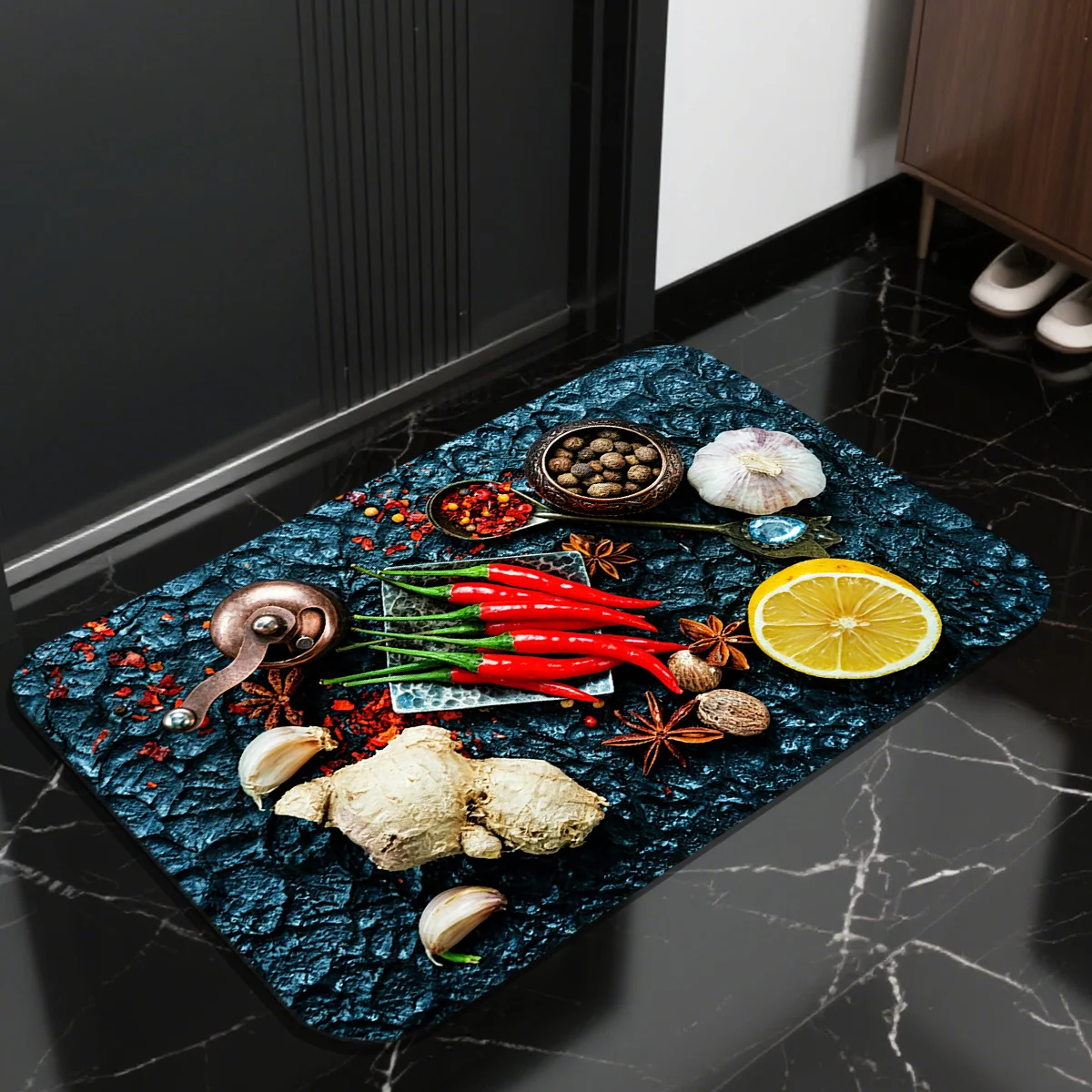 Realistic Food Pattern Kitchen Door Mat, 3D Chili Pepper Ginger Garlic Print Floor Rug, Non-Slip Cooking Theme Entrance Carpet