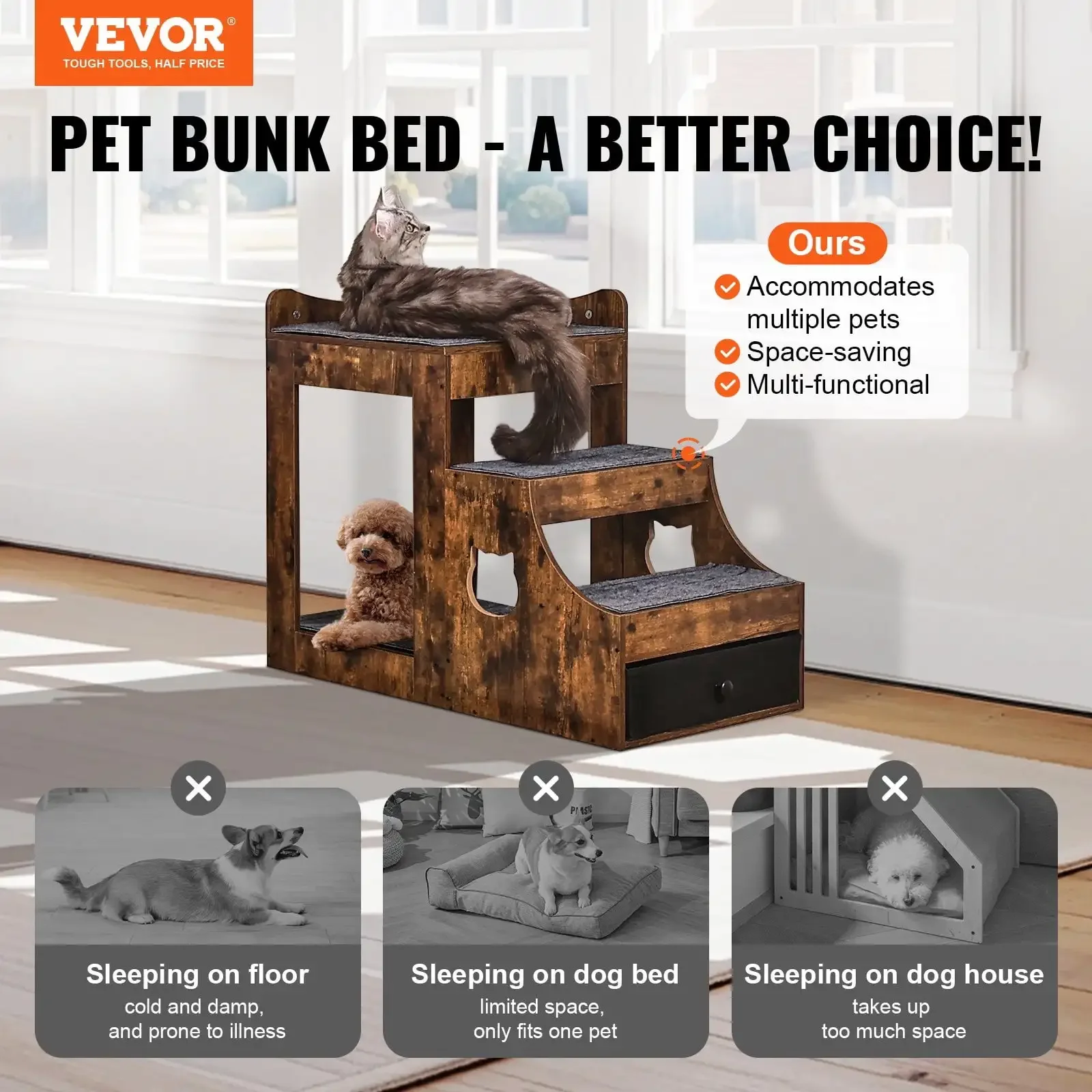 

Pet Bunk Bed with Stairs Dog/Cat Window Perch with Storage Indoor Brown