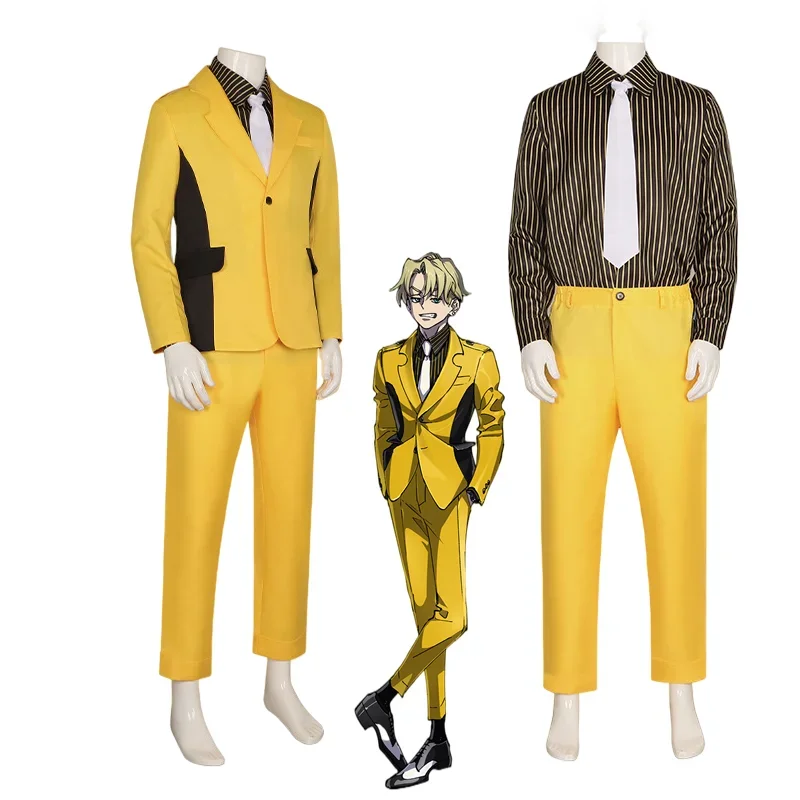 Anime Halloween Party Cosplay Csotume High Card Finn Oldman Yellow Suit Shirt Tie Unisex Adult Kid Stage Performance Uniform