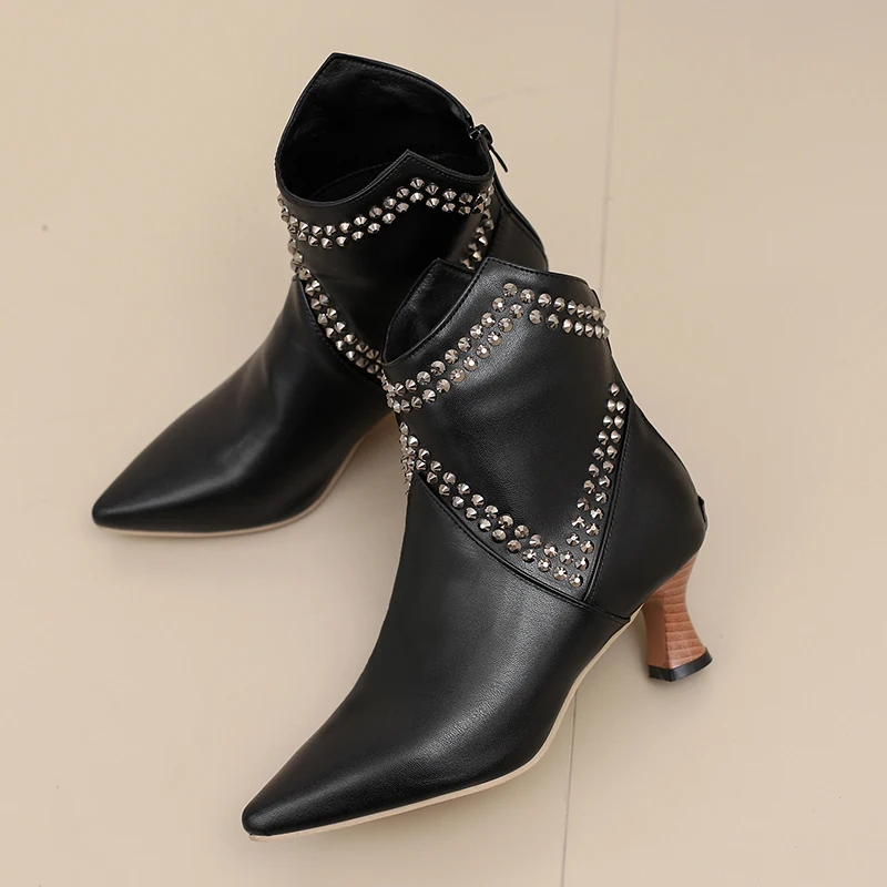 

Kcenid/женские модные ботильоны с острым носком и заклепками, высокие каблуки, осень-зима, большой размер 48, 49 50, короткая женская обувь