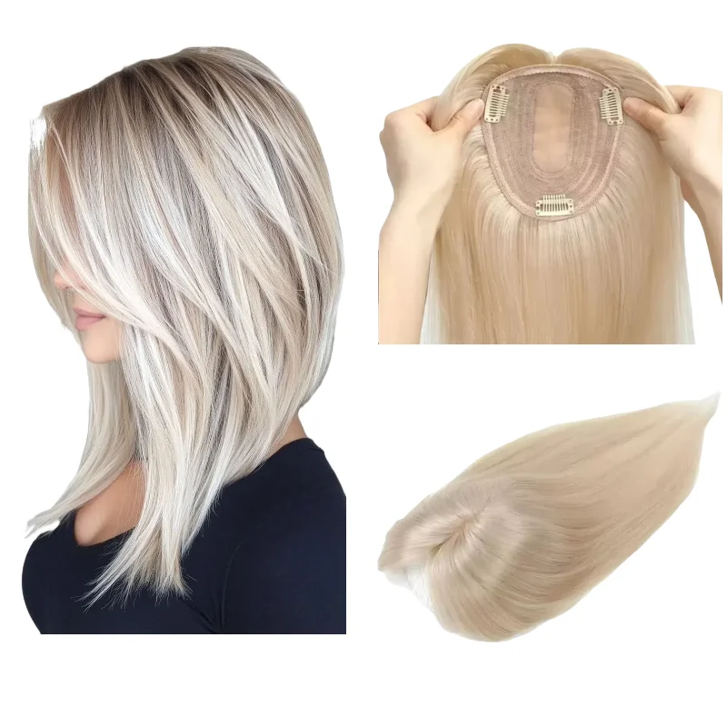 

Женский топпер для волос, 100% человеческие волосы, средняя часть с тонкой кружевной челкой | 9x14см 12 дюймов # 613 Платиновый блондин