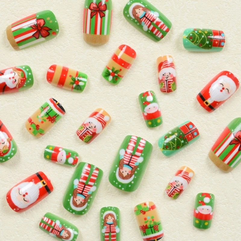 24 Uds. uñas postizas con temática navideña con Papá Noel y caja regalo, uñas postizas para fiestas y envío directo