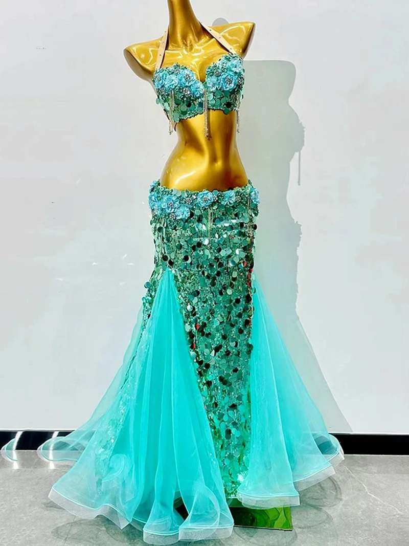 

Green Women Belly Dance Table Performance Costume Adult Diamond Studded Bra Long Dress Eastern Dance WZY053