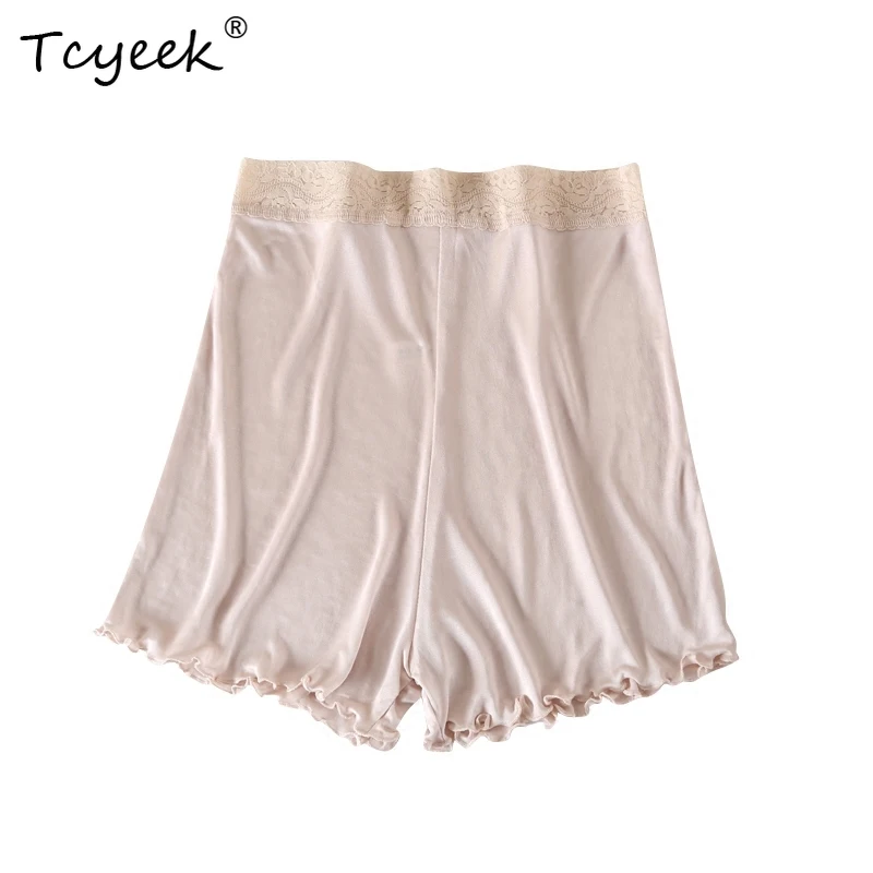 

Tcyeek Real Mulberry Silk Silk Shorts Women Lace Edge Elastic Knit Black White Bottom Safety Pants Spring Summer Clothes Cool