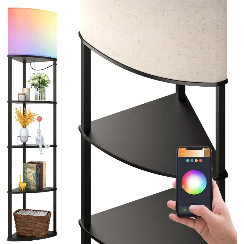 5-Tier Corner Shelf Floor Lamp with Type C, USB Port & 1 Power Outlet and 3CCT LED Bulb, Modern Display Lamp for