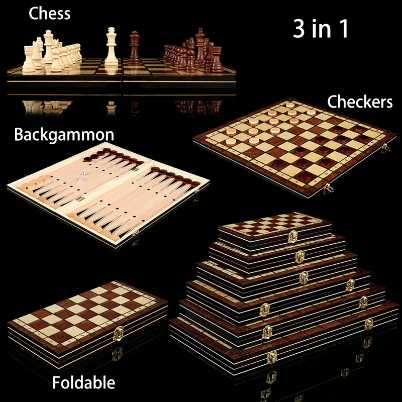 2-in-1 Chess Solid Wood Checkers Board Game 24cm Foldable Board Set Table Game