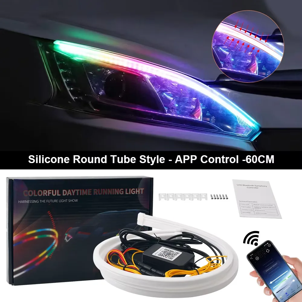 2PCS Tagfahrlicht 30/45/60CM APP Control RGB Blinker Licht Fließende Super Helle scheinwerfer Dekorative Lampe 12V DRL