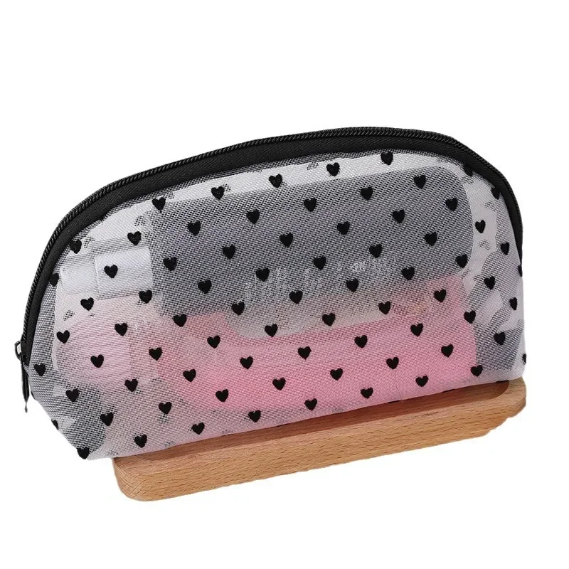 1pc Love Print Mesh Cosmetic Bag Portable Toiletry Organizer Makeup Bag Multifunction Transparent Women Lipstick Storage Pouch