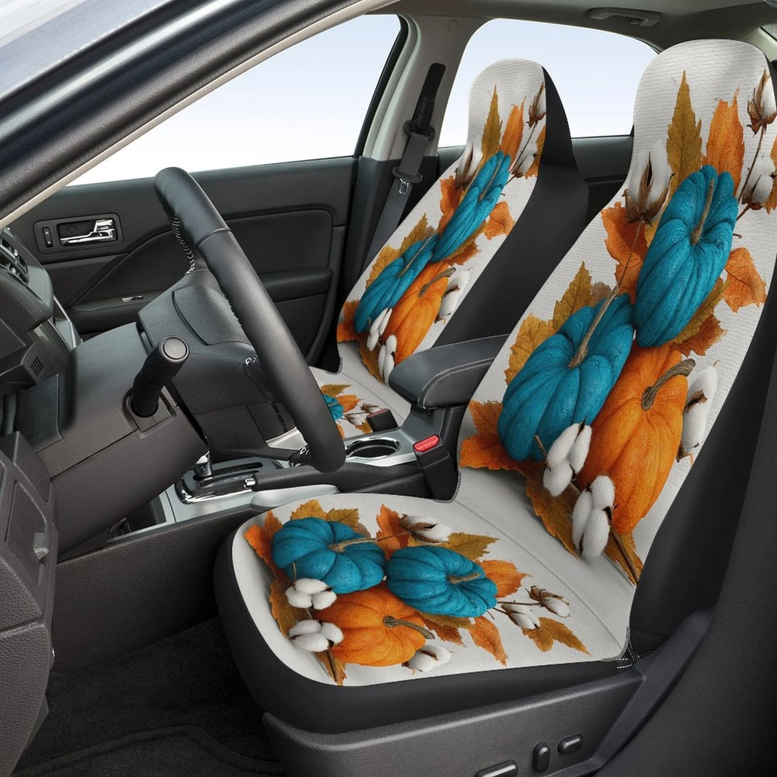 Set Of Car Seat Covers Featuring An Autumn Pumpkin Theme, Suitable For A Variety Of Vehicles. Stylish And Durable, This Complete